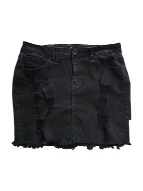 Wax Jean Mini Skirt Denim Raw Frayed Hem Distressed Ripped Y2K Black Medium M